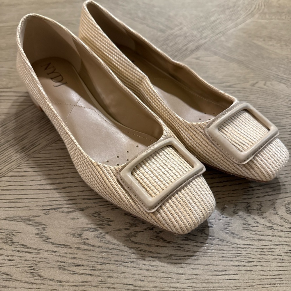Nydj Women's Baran Ballerina Flat Raffia Upper Block Heel Size 11 NATURAL
